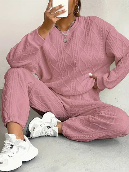 Texture Round Neck Top and Pants Set (white/black/pink/beige/green)-SMALL-2XL