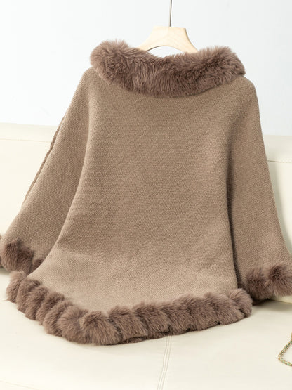 Fuzzy Trim Texture Three-Quarter Sleeve Poncho (beige/camel/grey/brown/black/burgundy)