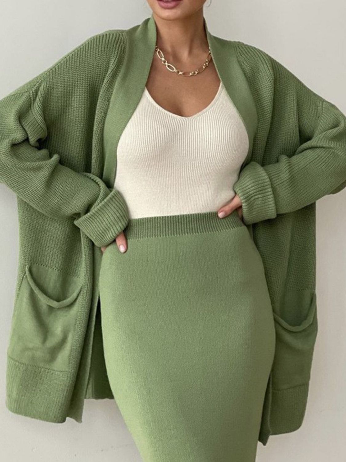 Pocketed Long Sleeve Cardigan and Skirt Sweater Set (cream/camel/lt. green/grey/black) ONE SIZE