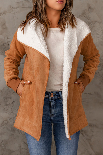 Open Front Long Sleeve Sherpa Jacket (caramel/blush pink/grey/black)-SMALL-XL