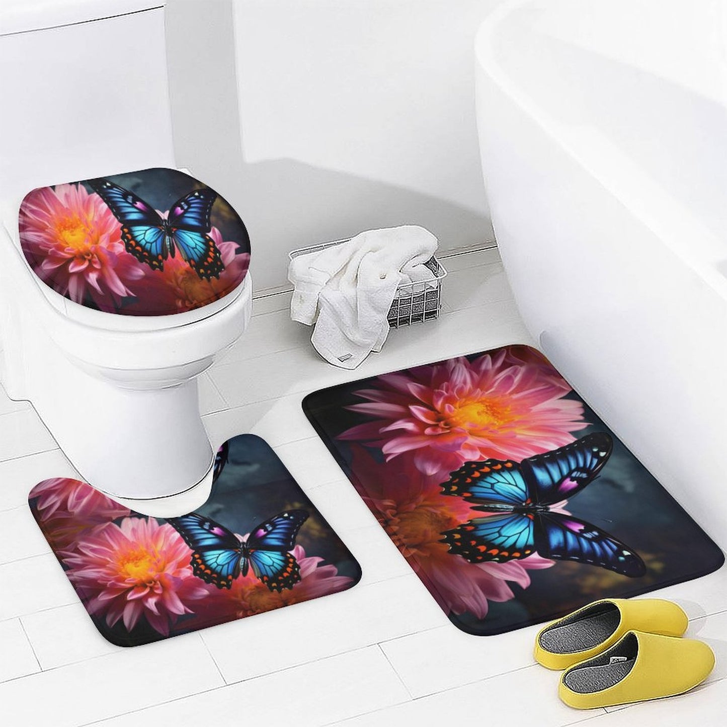 BLUE BUTTERFLY Shower Curtain Set with 3 Rugs