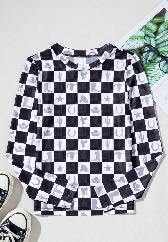Checkered Mock Neck Long Sleeve Top-SMALL-XL