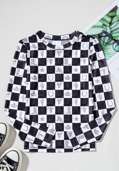 Checkered Mock Neck Long Sleeve Top-SMALL-XL