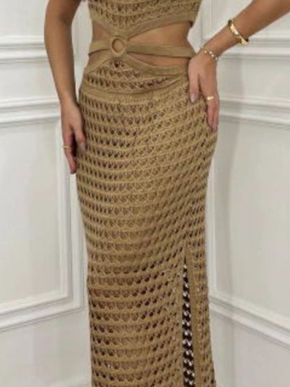 Cutout Slit Round Neck Sweater Dress (beige/taupe/white/sage/orange-red)-SMALL-XL