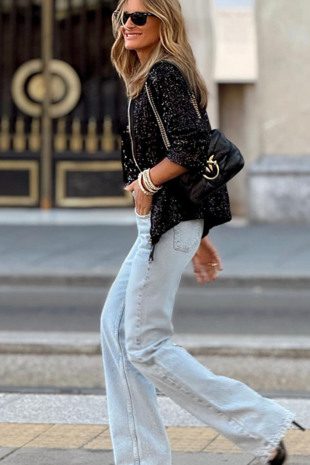 Sequin Zip Up Long Sleeve Jacket (black/cream)-SMALL-XL