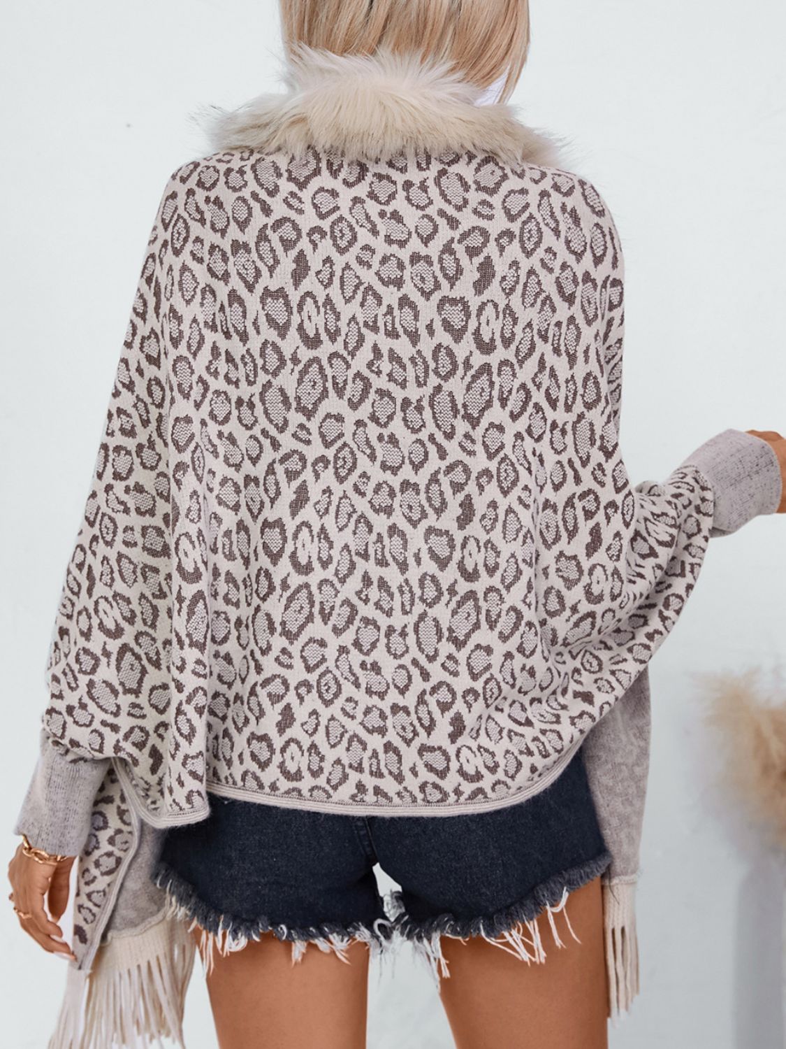 Fringe Leopard Open Front Long Sleeve Poncho (beige/chocolate/indigo/burgundy/brown/black)