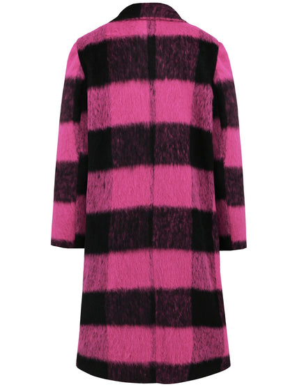 Plaid Double-Breasted Long Sleeve Coat (black/hot pink)-SMALL-XL