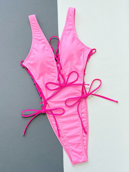 Lace-Up Deep V Sleeveless One-Piece Swimsuit-S/M/L