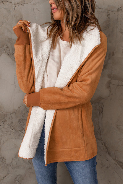 Open Front Long Sleeve Sherpa Jacket (caramel/blush pink/grey/black)-SMALL-XL