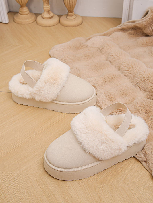 Faux Fur Round Toe Platform Slippers (beige/black/caramel)