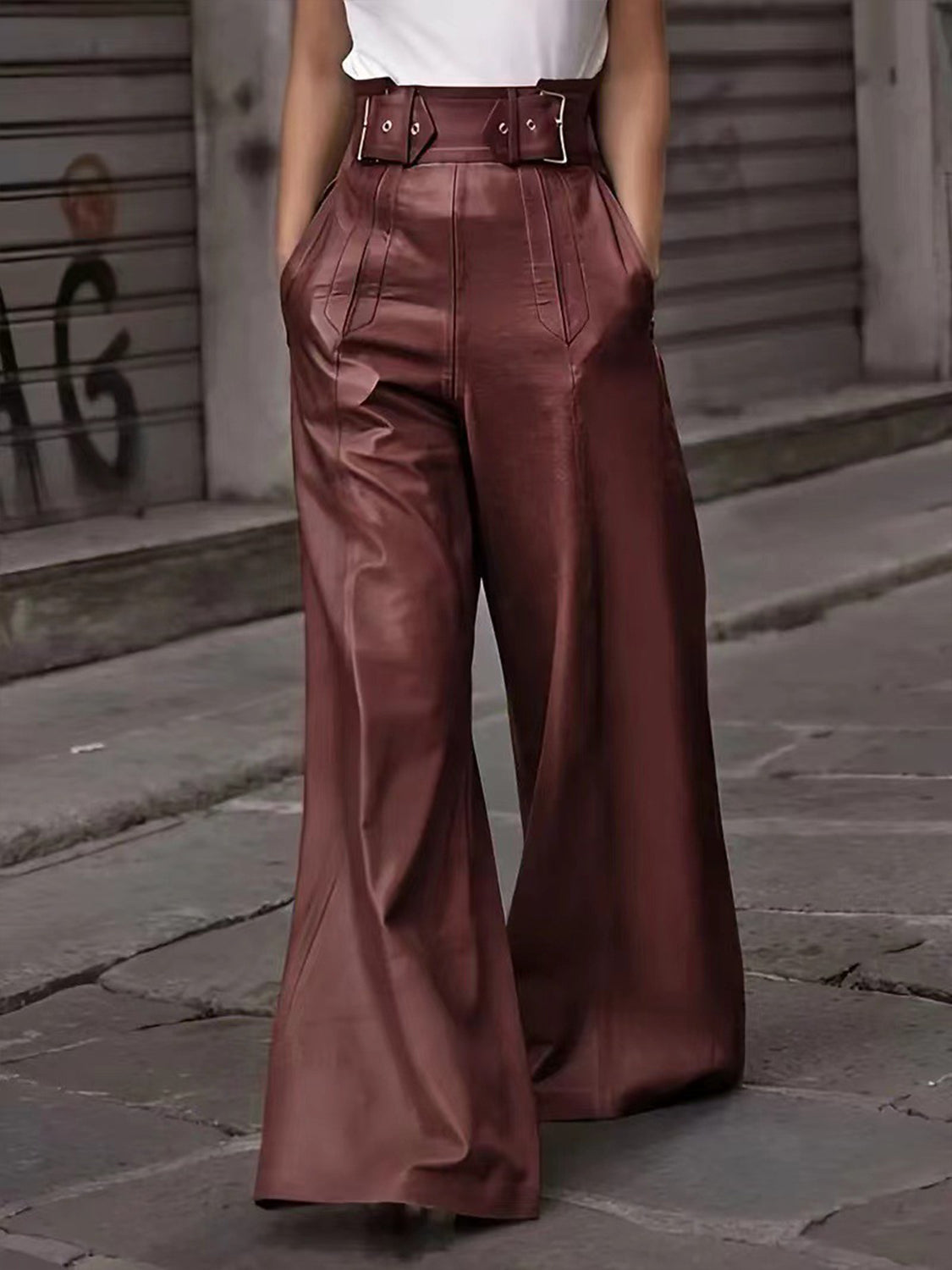 Pu Leather Half Elastic Waist Wide Leg Pants (moss/burgundy/black)-SMALL-2XL