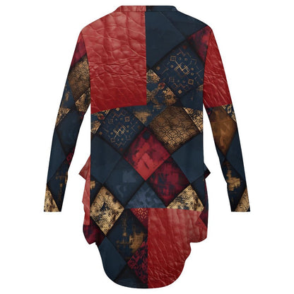 TRIANGLES & LEATHER Loose Long-sleeve Dress with Pockets-SMALL-5XL