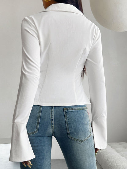 ON SALE:::Devine Slit Tied Collared Neck Long Sleeve Blouse-SMALL-XL
