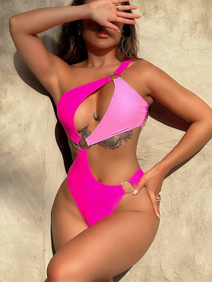 One-Shoulder Cutout Ring Detail One-Piece Swimsuit-S/M/L