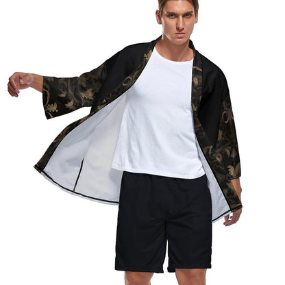 BLACK & GOLD ACCENT Drop Shoulder Male Kimono Cardigan-SMALL-2XL