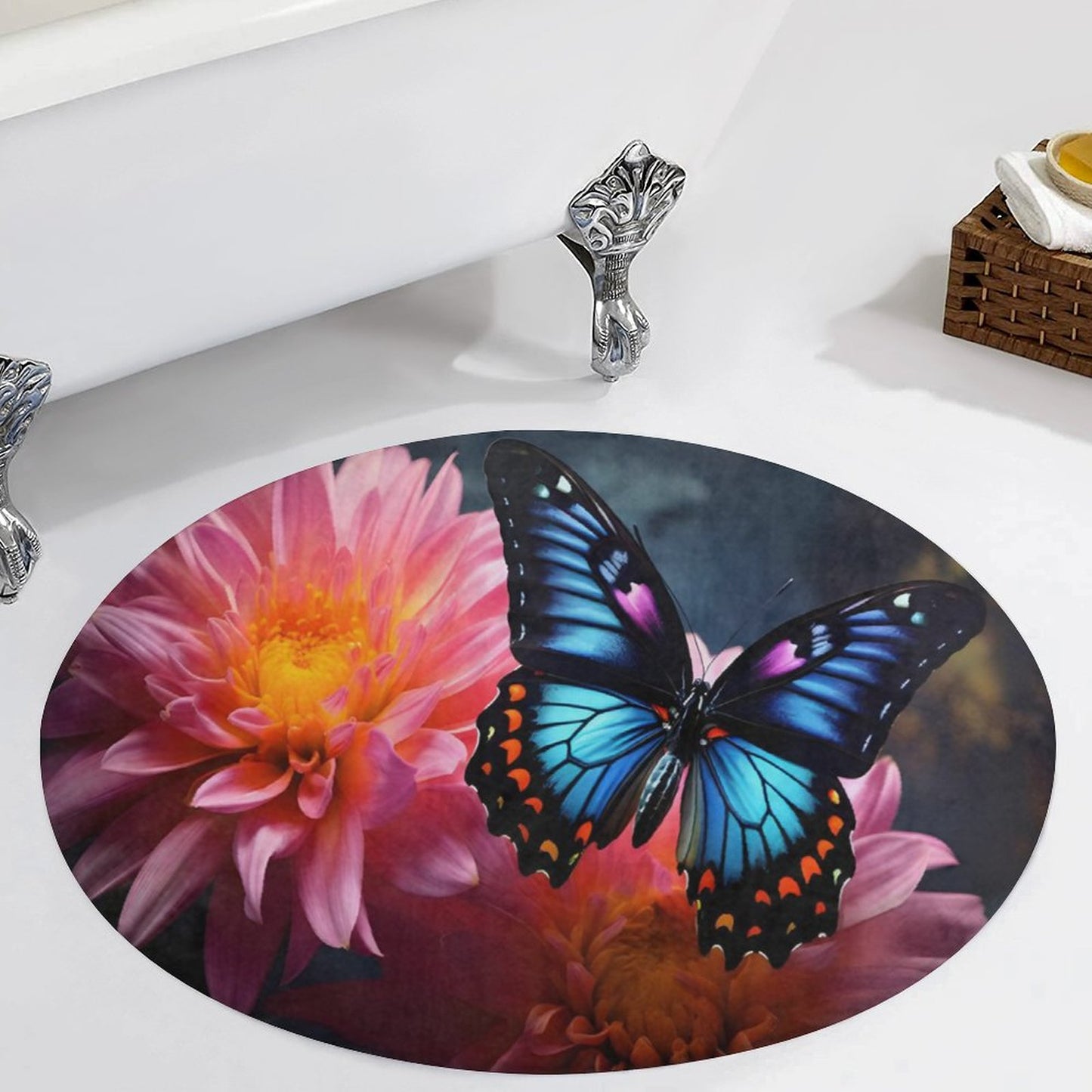 BLUE BUTTERFLY Round Coral Velvet Warm Floor Mat