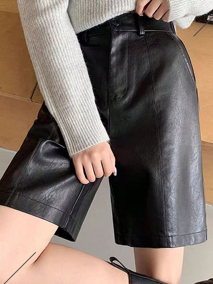 PU Leather High Rise Shorts (black/brown/burgundy)-SMALL-XL