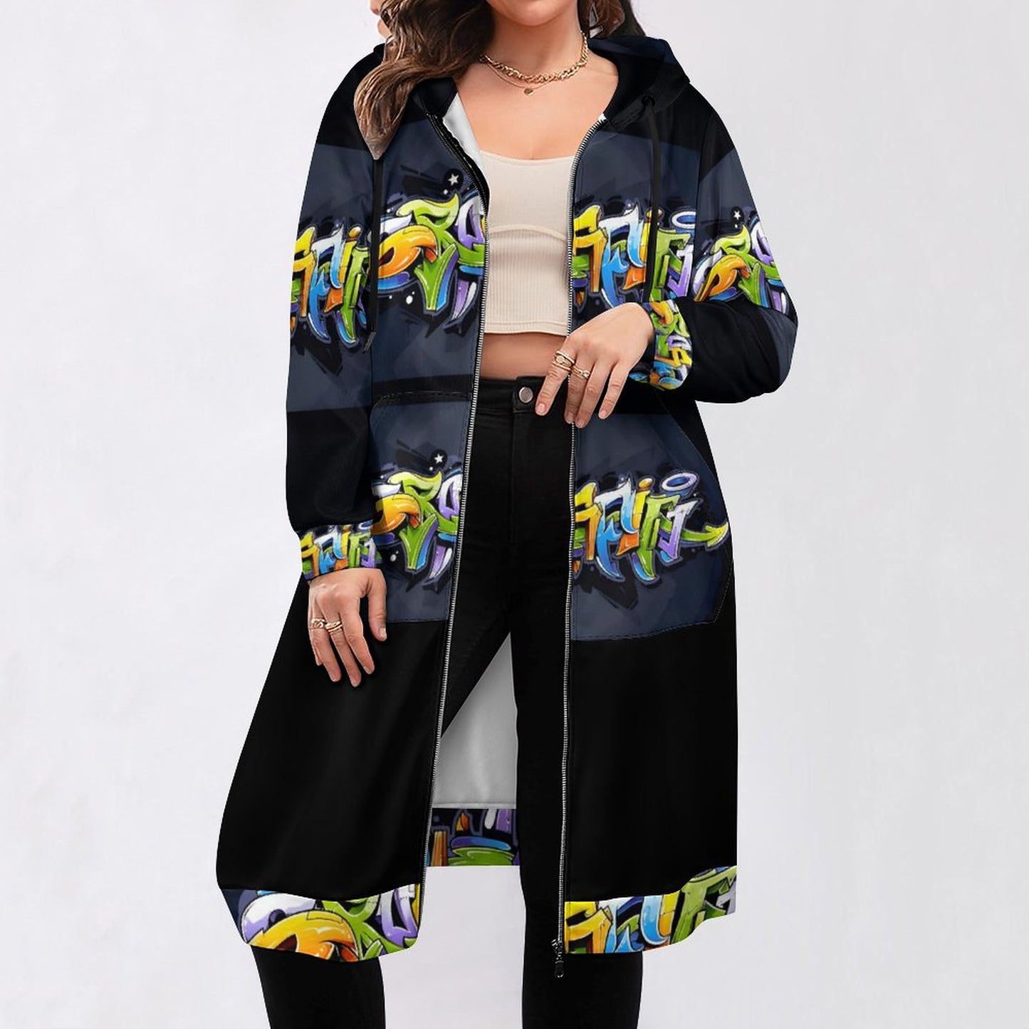 COLORFUL GRAFFITI Full Zipper Long Sleeve Hoodie Dress-SMALL-5XL