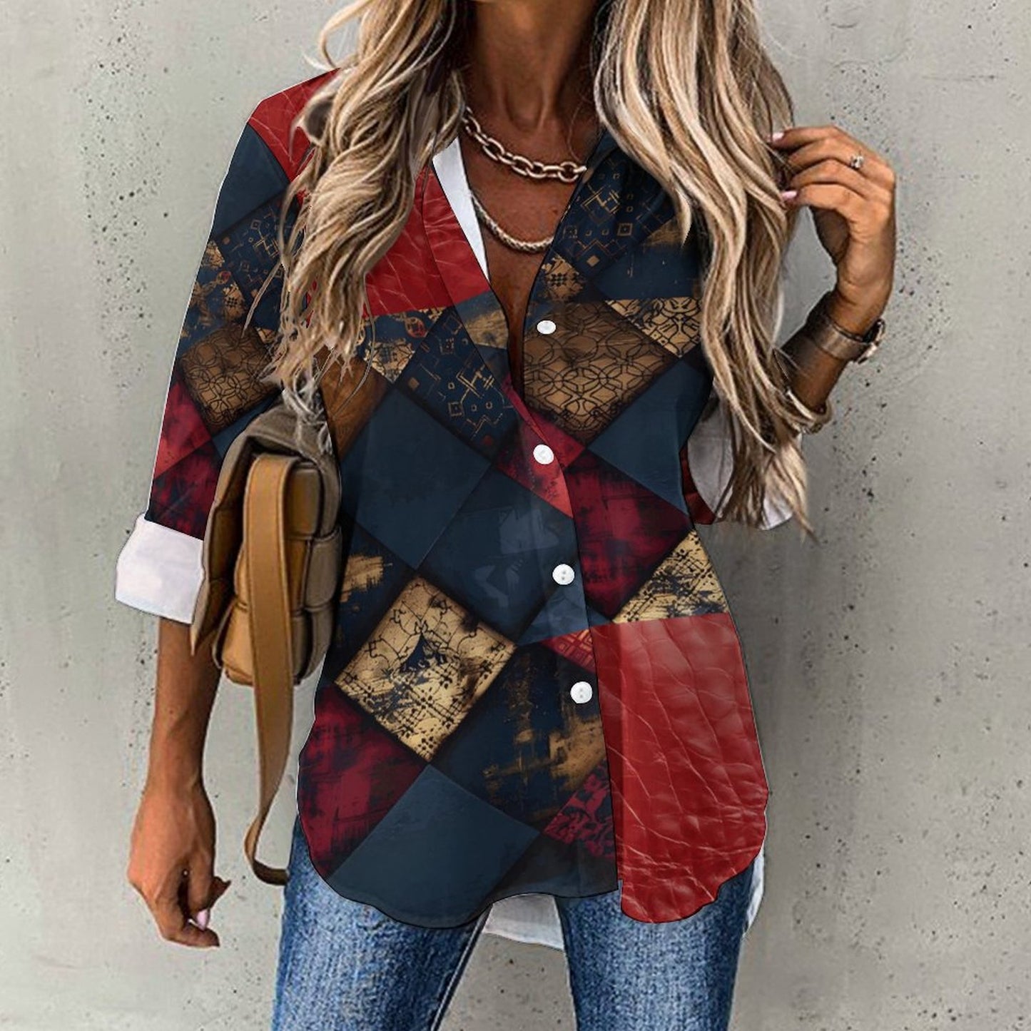 TRIANGLES & LEATHER Women's Shirt-Irregular hem-*SMALL-8XL