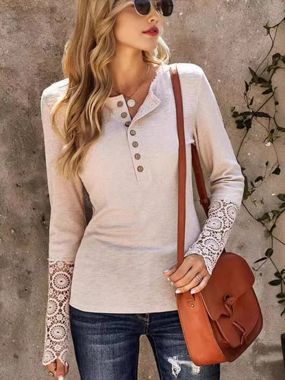 Lace Detail Half Button Round Neck Long Sleeve Shirt-S-2XL