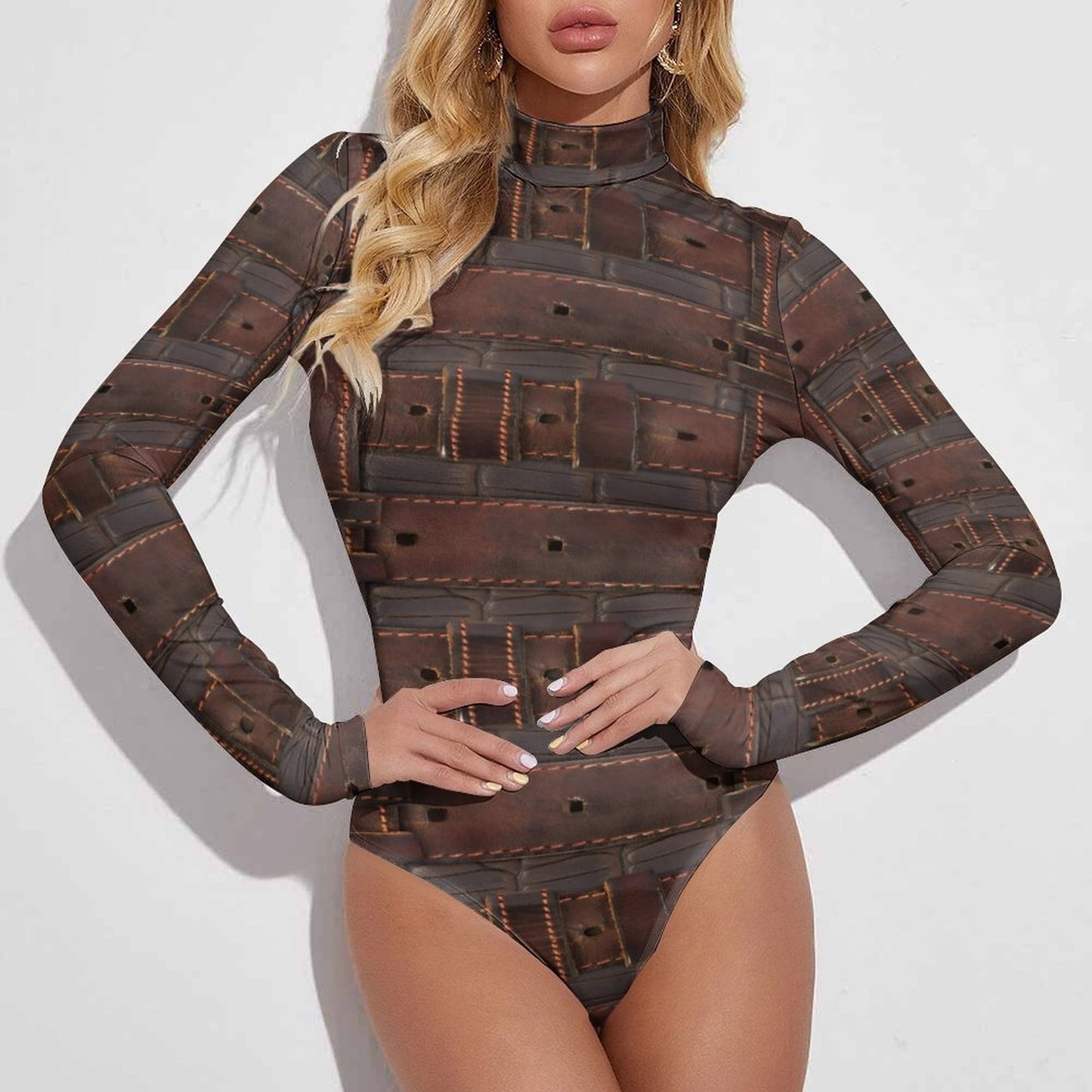 RUGGED LEATHER BUCKLE High-collar Long-sleeve Bodysuit-SMALL-2XL
