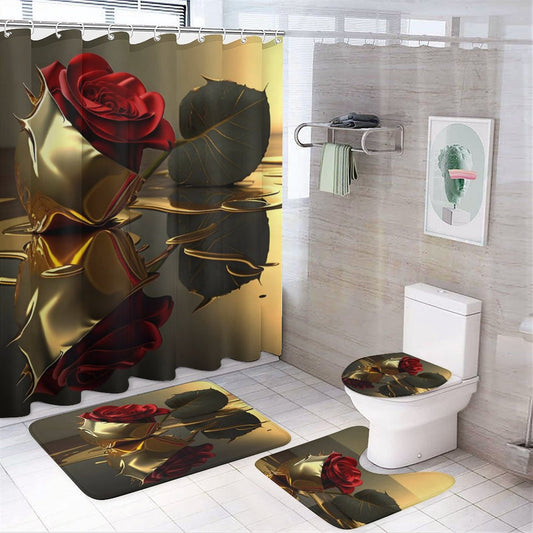 ROSE IN GOLD Shower Curtain Set with 3 Rugs