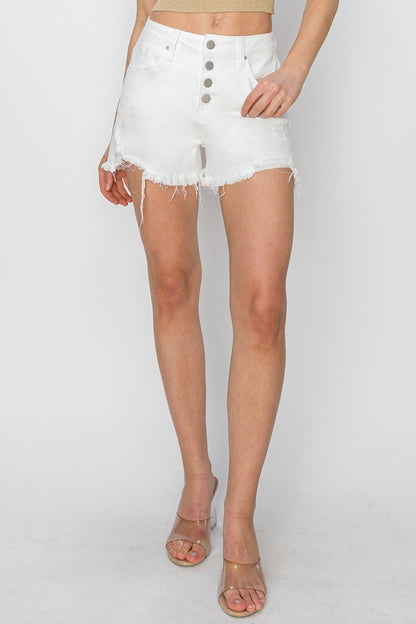 RISEN Button Fly Frayed Hem Denim Shorts-SMALL-XL