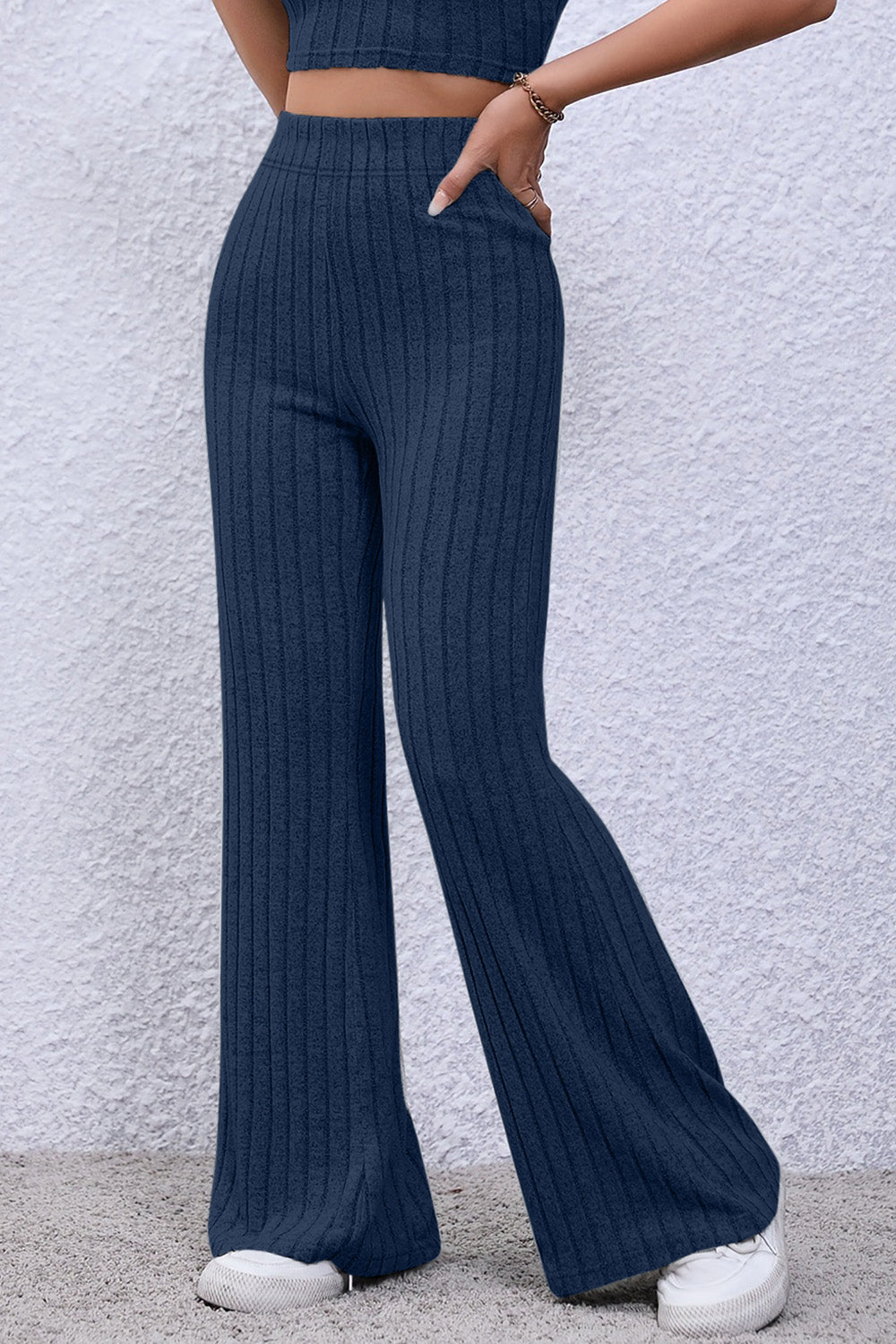 0N SALE:::Full Size Ribbed High Waist Flare Pants (black/blue/teal/grey)-SMALL-3XL