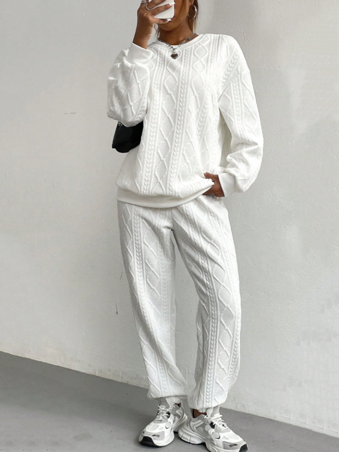 Texture Round Neck Top and Pants Set (white/black/pink/beige/green)-SMALL-2XL