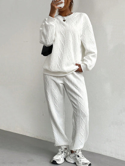 Texture Round Neck Top and Pants Set (white/black/pink/beige/green)-SMALL-2XL