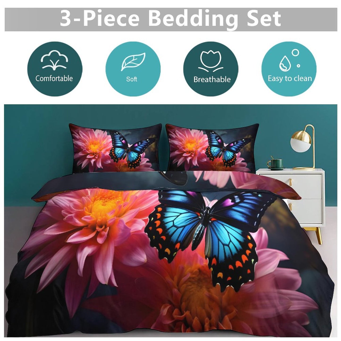 BLUE BUTERFLY 3-Piece Bedding Set-90"x90"/ 229x229cm QUEEN SIZE (Dual-sided Printing)