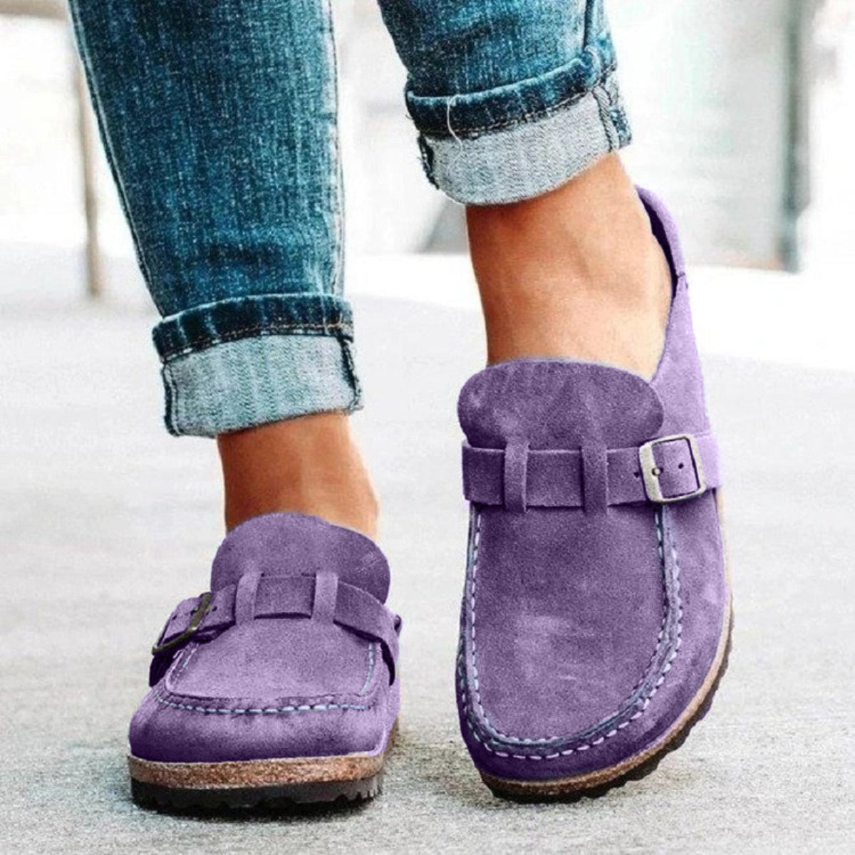 Round Toe Low Heel Buckle Loafers (khaki/black/purple/sage/caramel)