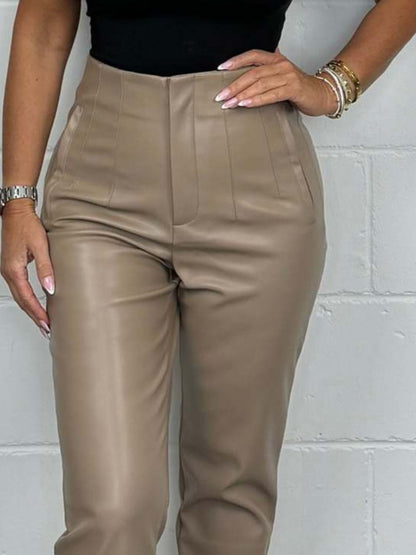 PU Leather Full Size High Waist Straight Pants Plus Size (mocha and black)-SMALL-3XL