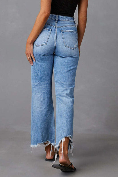 Distressed Raw Hem Jeans with Pockets-SMALL-2XL