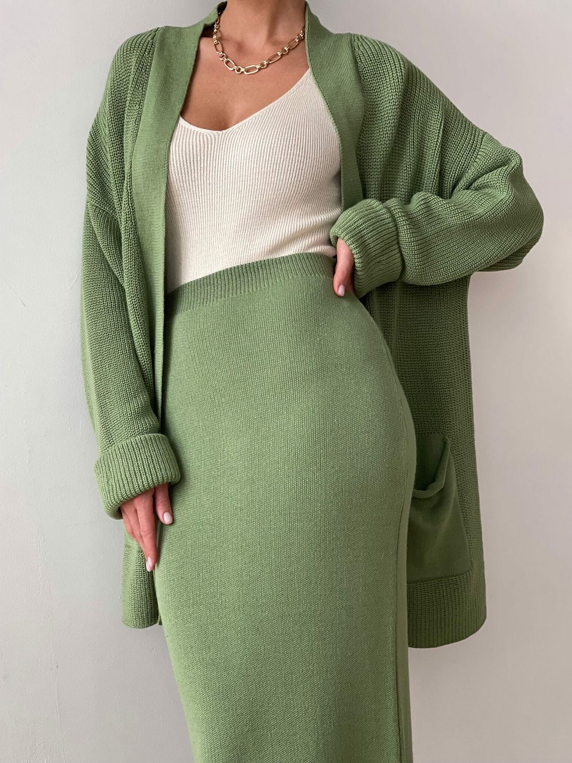 Pocketed Long Sleeve Cardigan and Skirt Sweater Set (cream/camel/lt. green/grey/black) ONE SIZE