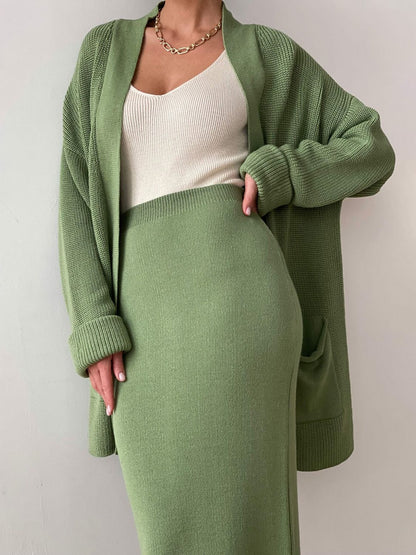 Pocketed Long Sleeve Cardigan and Skirt Sweater Set (cream/camel/lt. green/grey/black) ONE SIZE