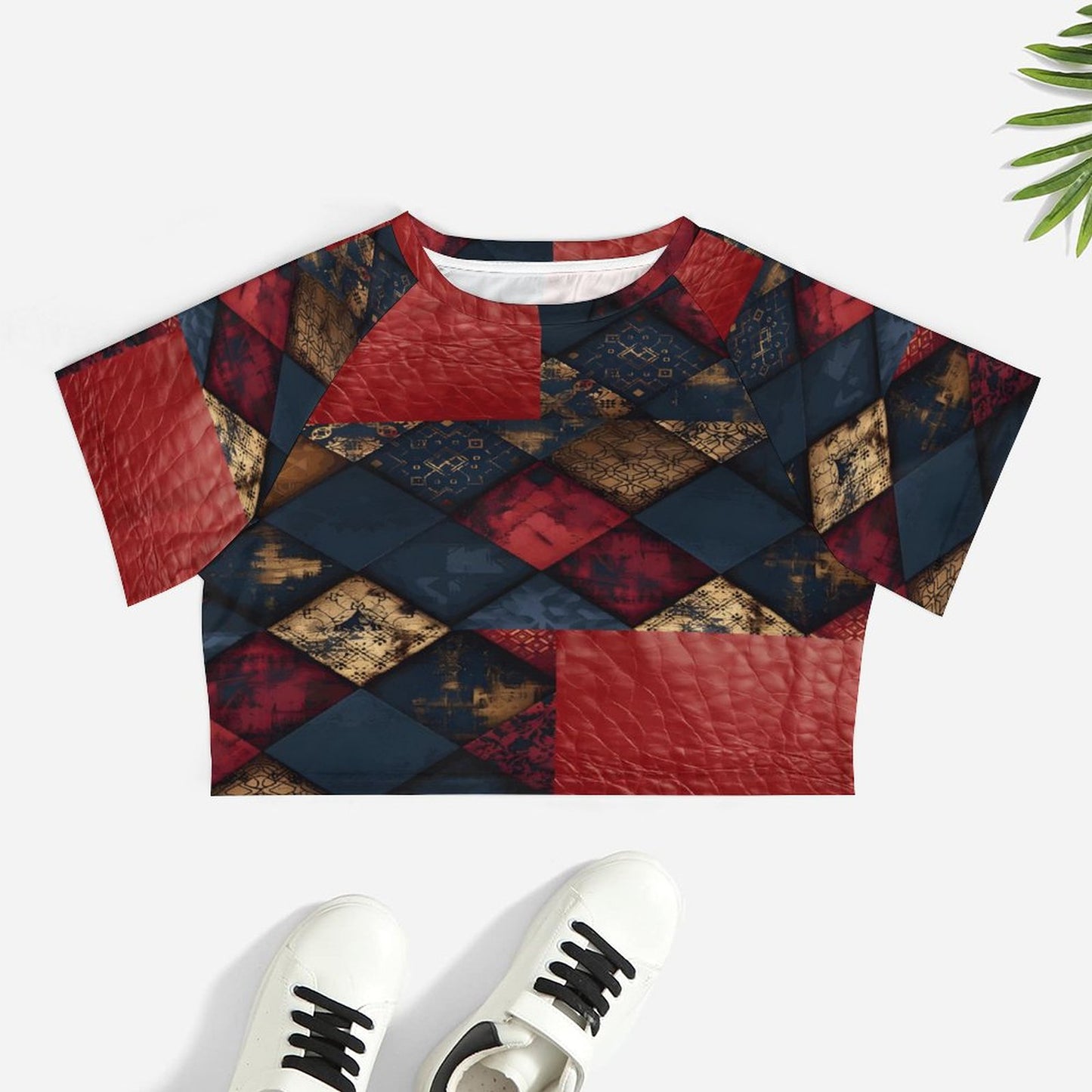 TRIANGLES & LEATHER Short Sleeve Crop Top-SMALL-3XL