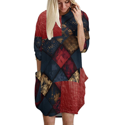 TRIANGLES & LEATHER Loose Long-sleeve Dress with Pockets-SMALL-5XL