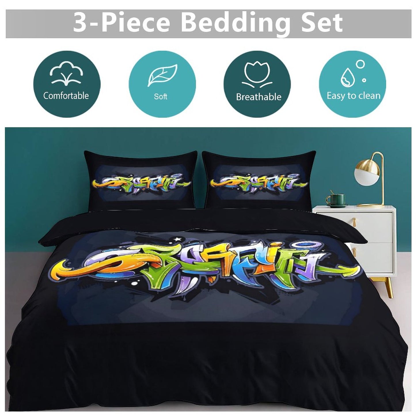 COLORFUL GRAFFITI 3-Piece Bedding Set-102"x90"/ 259x229cm-KING SIZE (Dual-sided Image)