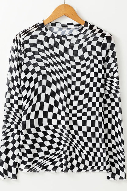 Distorted Checkered Mock Neck Long Sleeve Blouse (hot pink/black/beige)-SMALL-XL