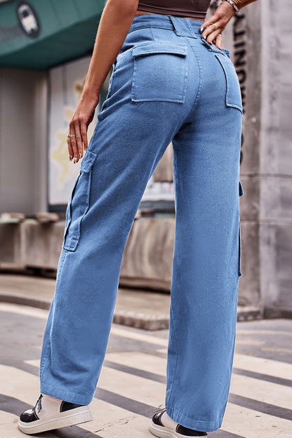 Buttoned High Waist Loose Fit CARGO Jeans-SMALL-2XL (BROWN/BLACK/BLUE)