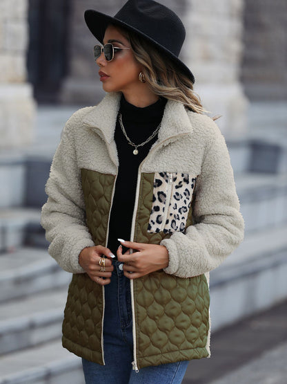 Leopard Color Block Zip-Up Jacket (caramel/green/burgundy/black/gray/orange-red-SMALL-XL
