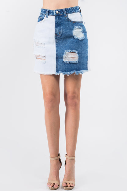 American Bazi Contrast Patched Frayed Denim Distressed Skirts-S/M/L