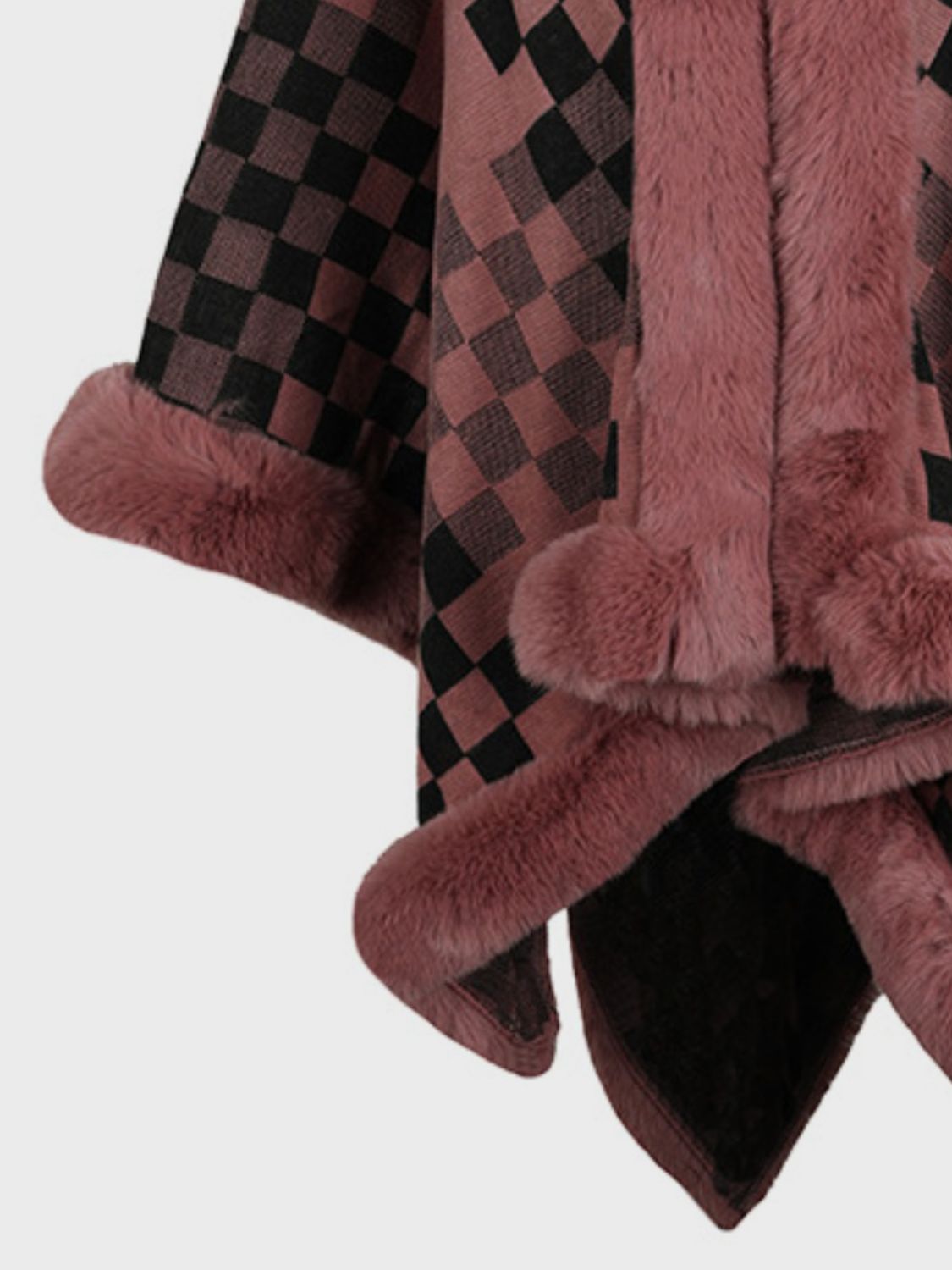 Fuzzy Checkered Long Sleeve Poncho (beige/tan/pink/navy/black)
