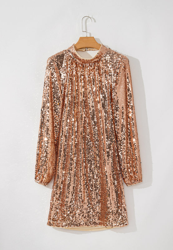 Backless Sequin Mock Neck Long Sleeve Mini Dress-S-XL
