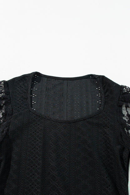 Eyelet Lace Long Sleeve Bodysuit (white/black)-SMALL-XL