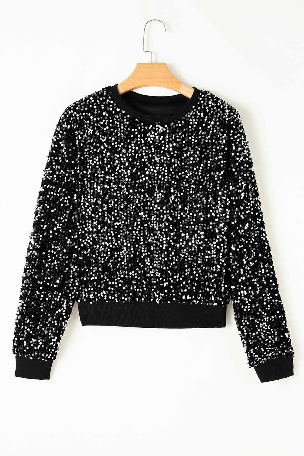 Sequin Round Neck Long Sleeve Blouse-SMALL-XL