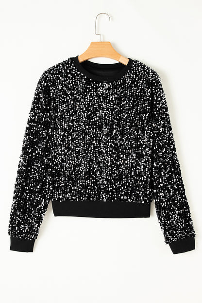 Sequin Round Neck Long Sleeve Blouse-SMALL-XL