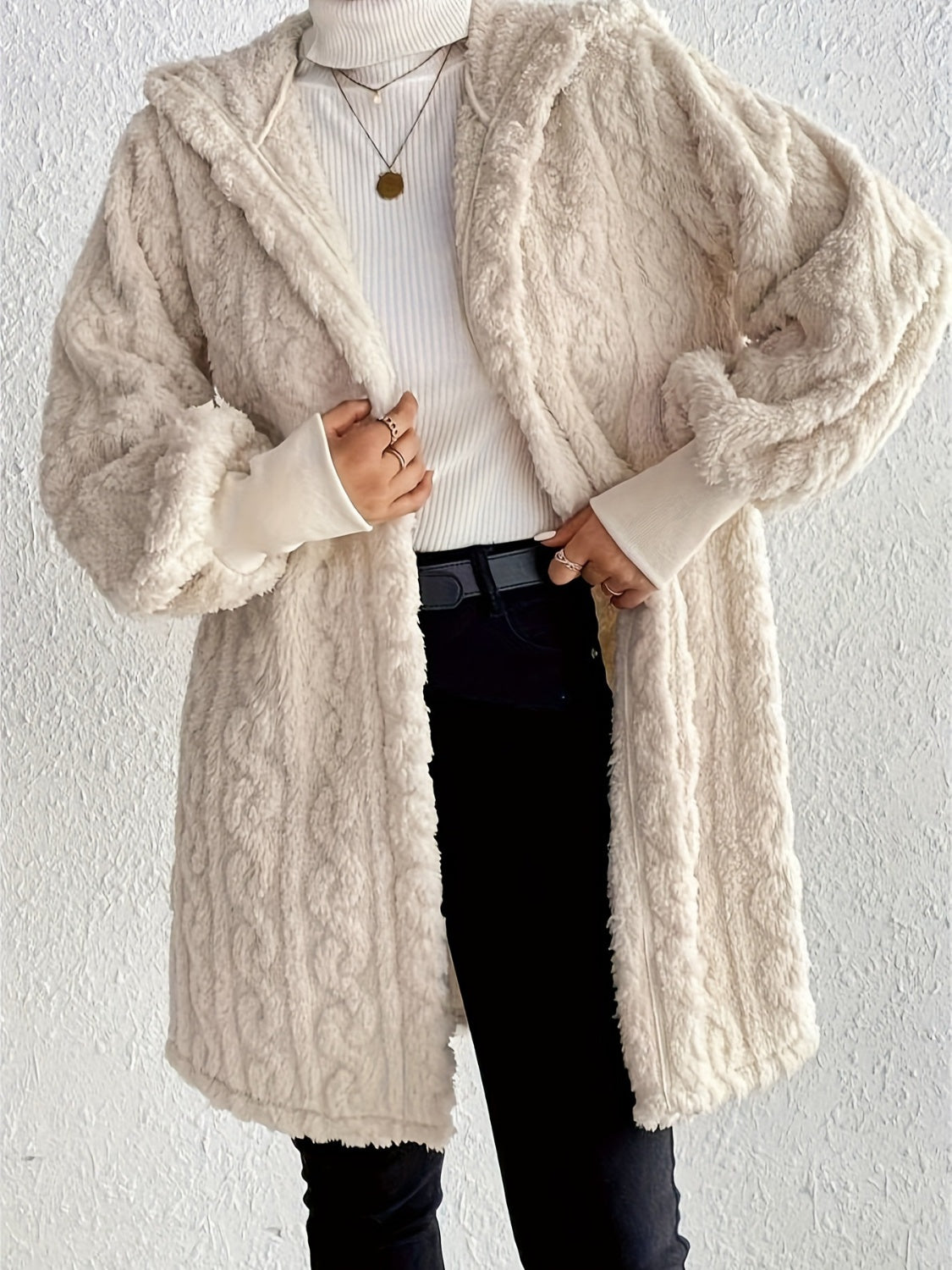 Open Front Long Sleeve Fuzzy Hooded Fur Coat-SMALL-XL