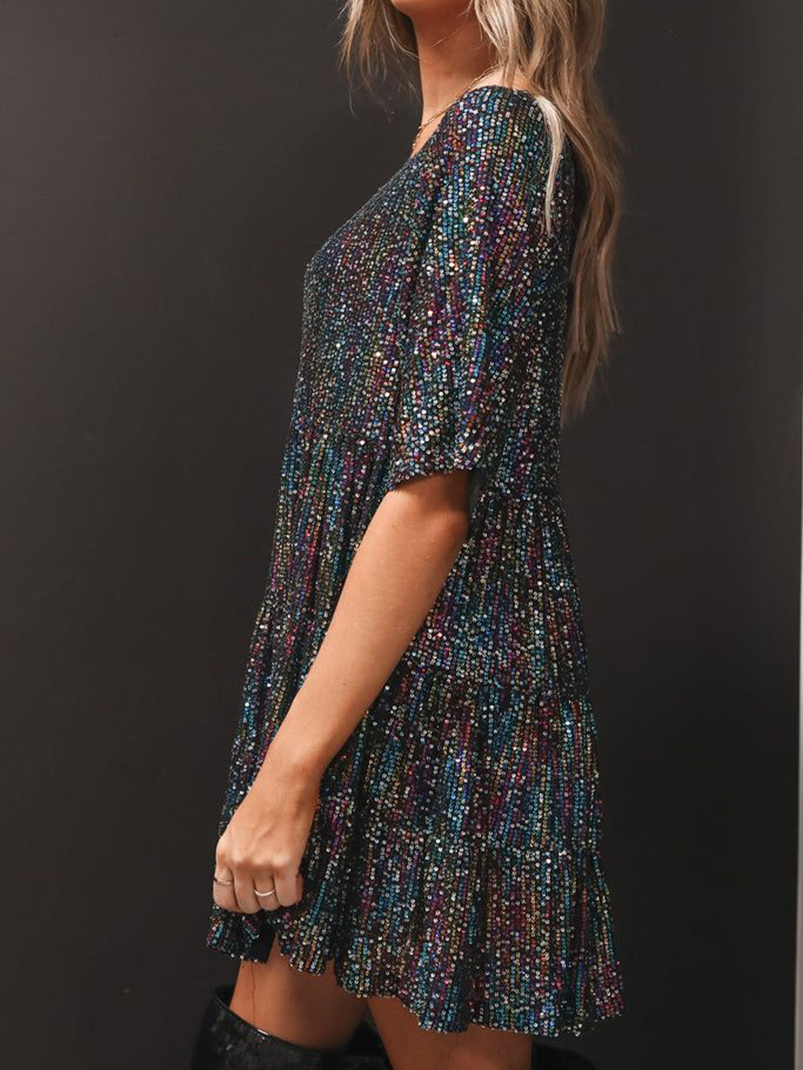 Full Size Sequin Round Neck Half Sleeve Mini Dress-SMALL-3XL (Many colors)
